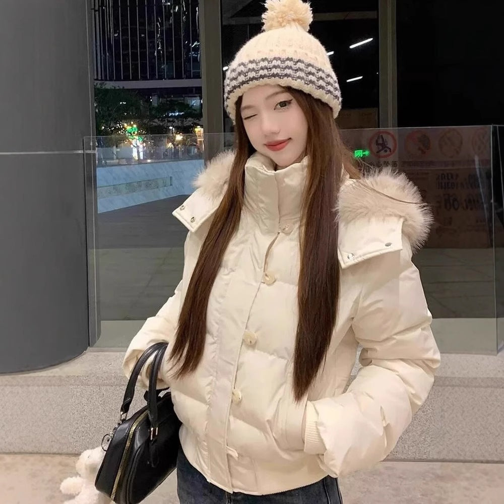 Retro long fur-lined hooded down jacket with down insulation