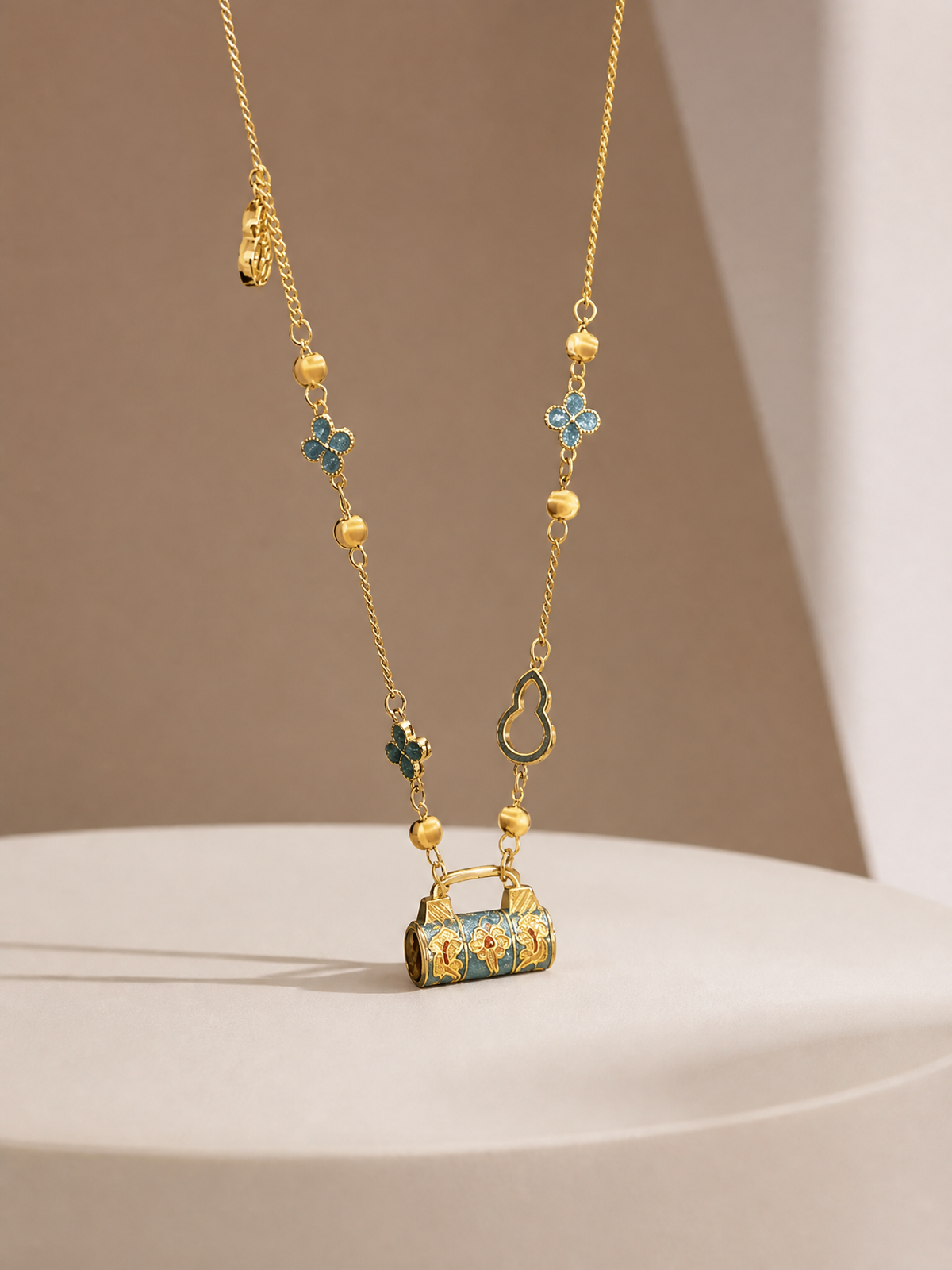 Gourd Lock Pendant Necklace in Gold-Tone Enamel and Copper