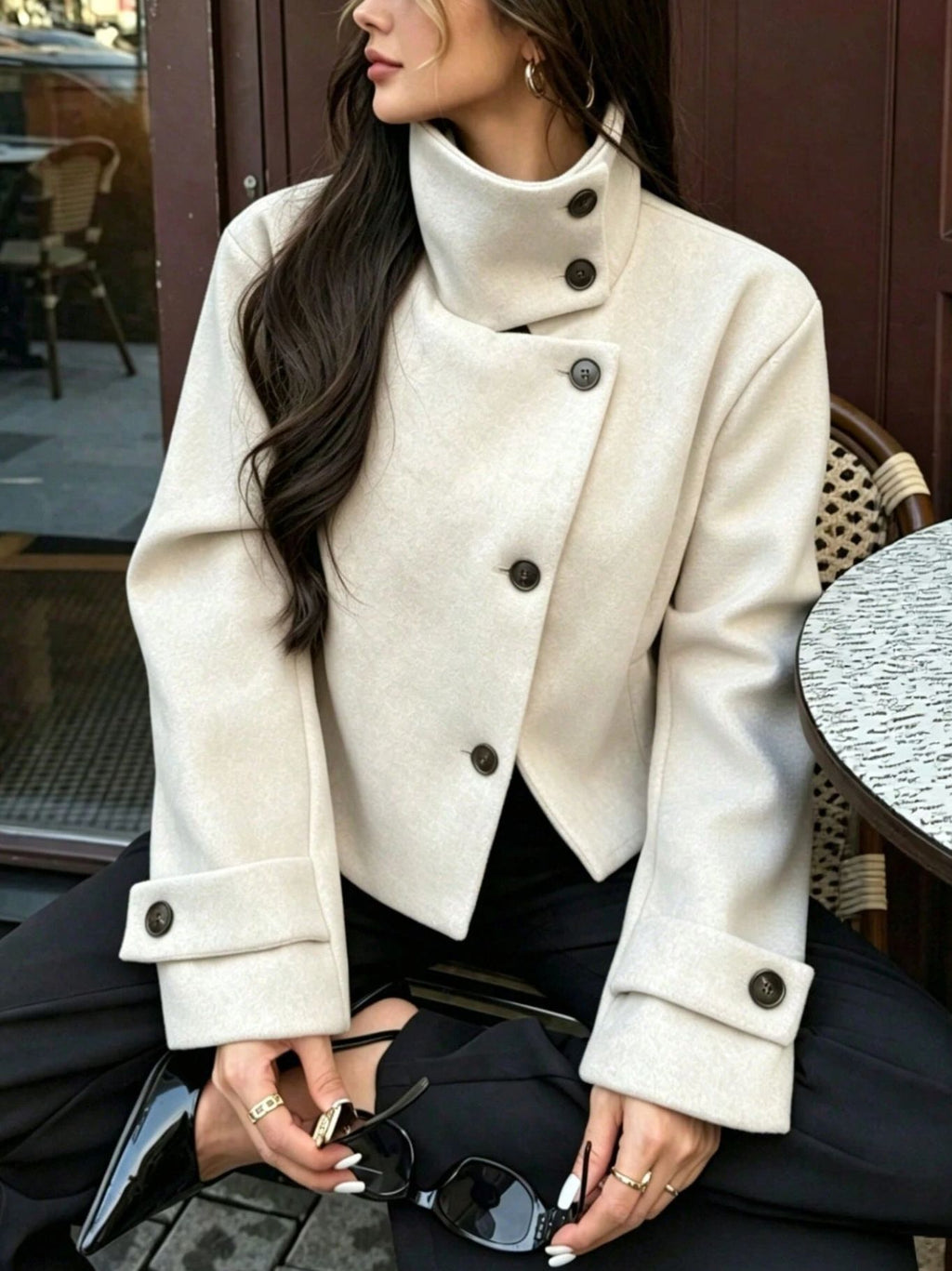 Womens Retro Stand Collar Jacket Solid Color Coat