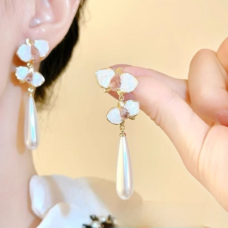 Floral Pearl Drop Earrings with Diamond Accents