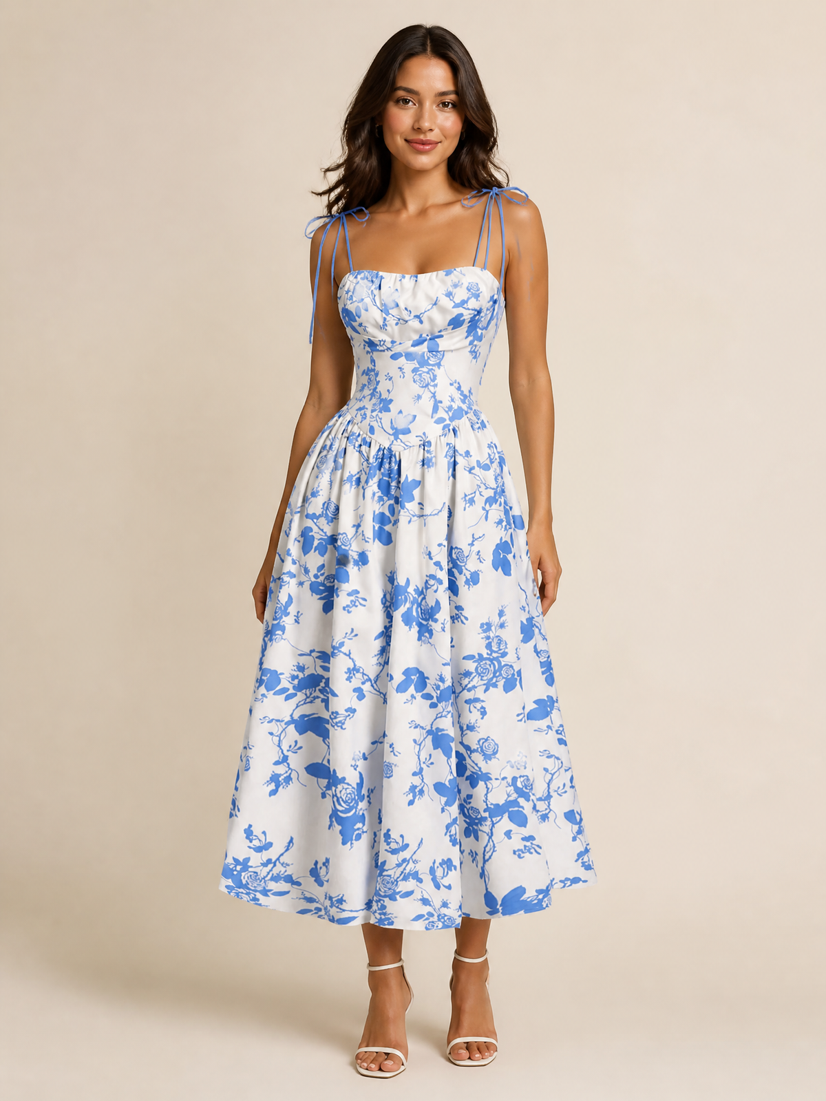 Floral Midi Sun Dress with Smocked Bodice and Tie Straps