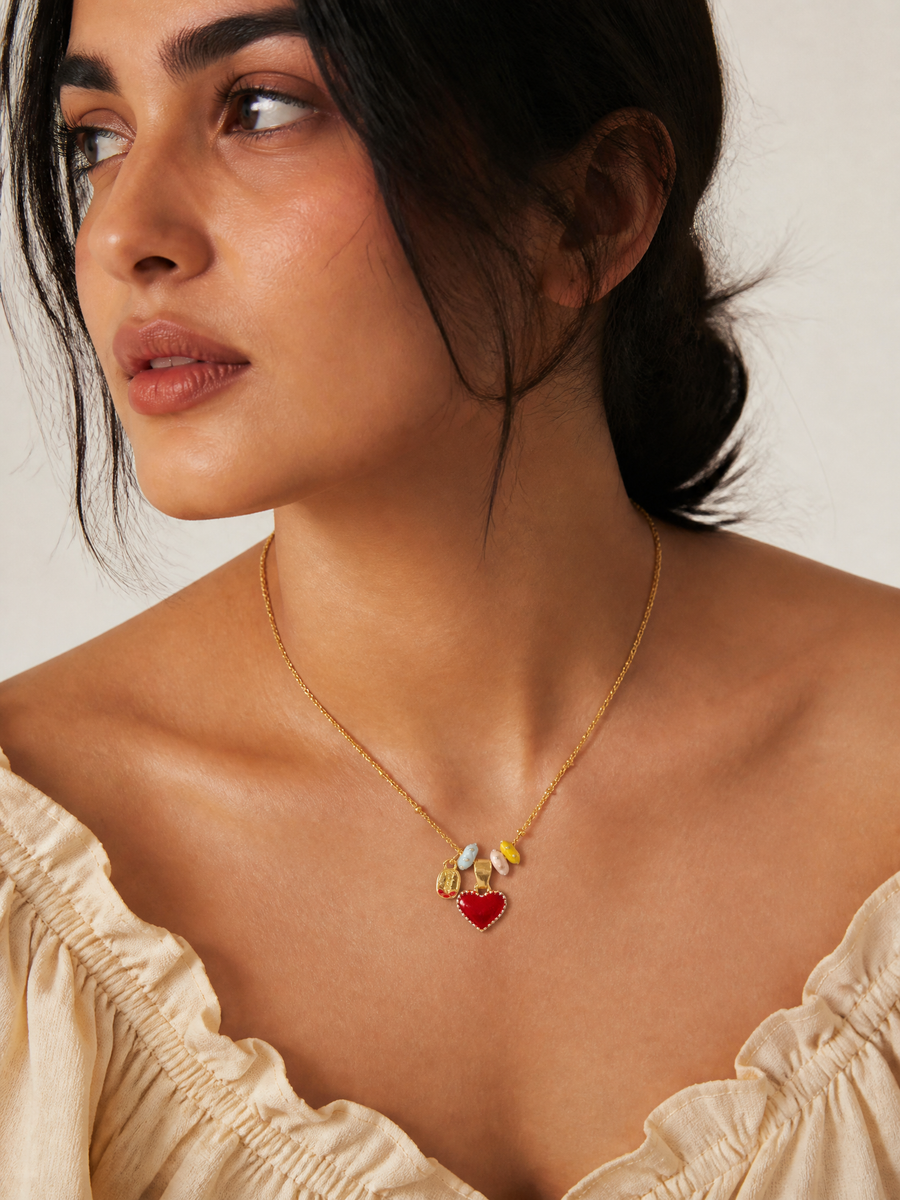 2 Pack Enamel Heart Pendant Necklace in Gold-Tone Titanium Steel