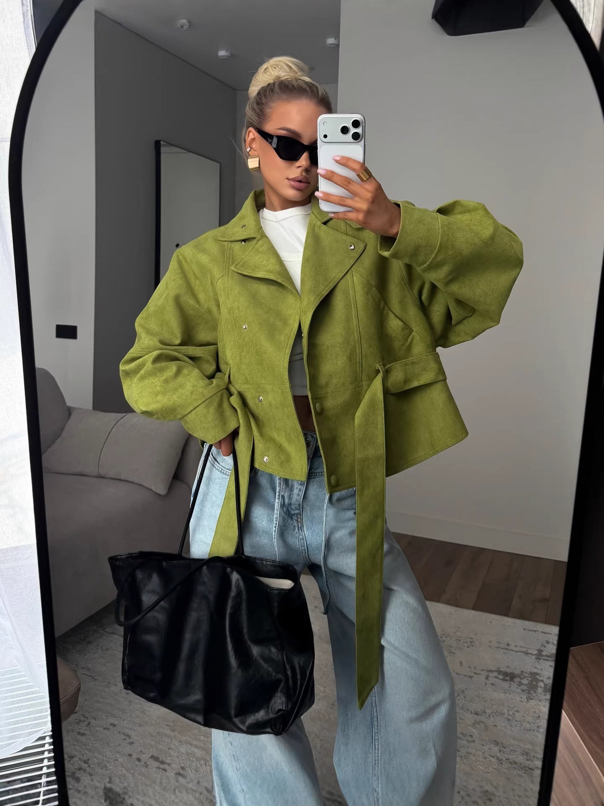 Women's Faux Suede Motorcycle Jacket with Lapel Collar