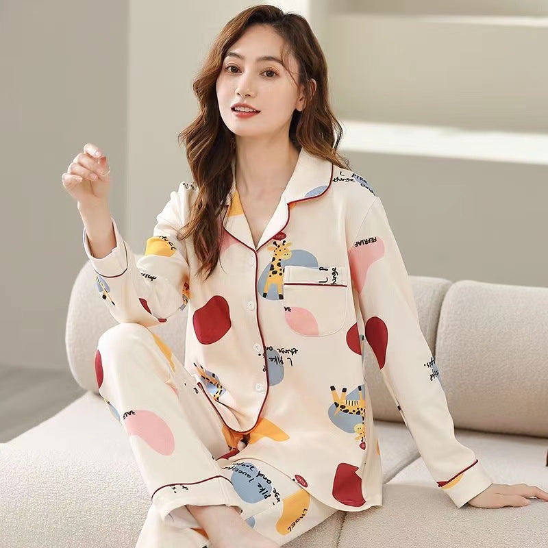 Womens Cotton Cardigan Pajama Long Sleeve Two-Piece Loungewear