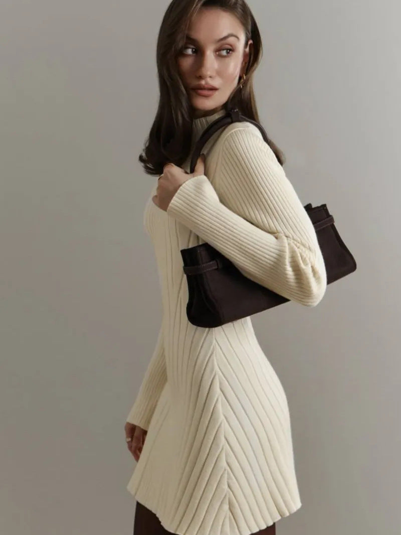 Long Sleeve High Collar Knitted Dress