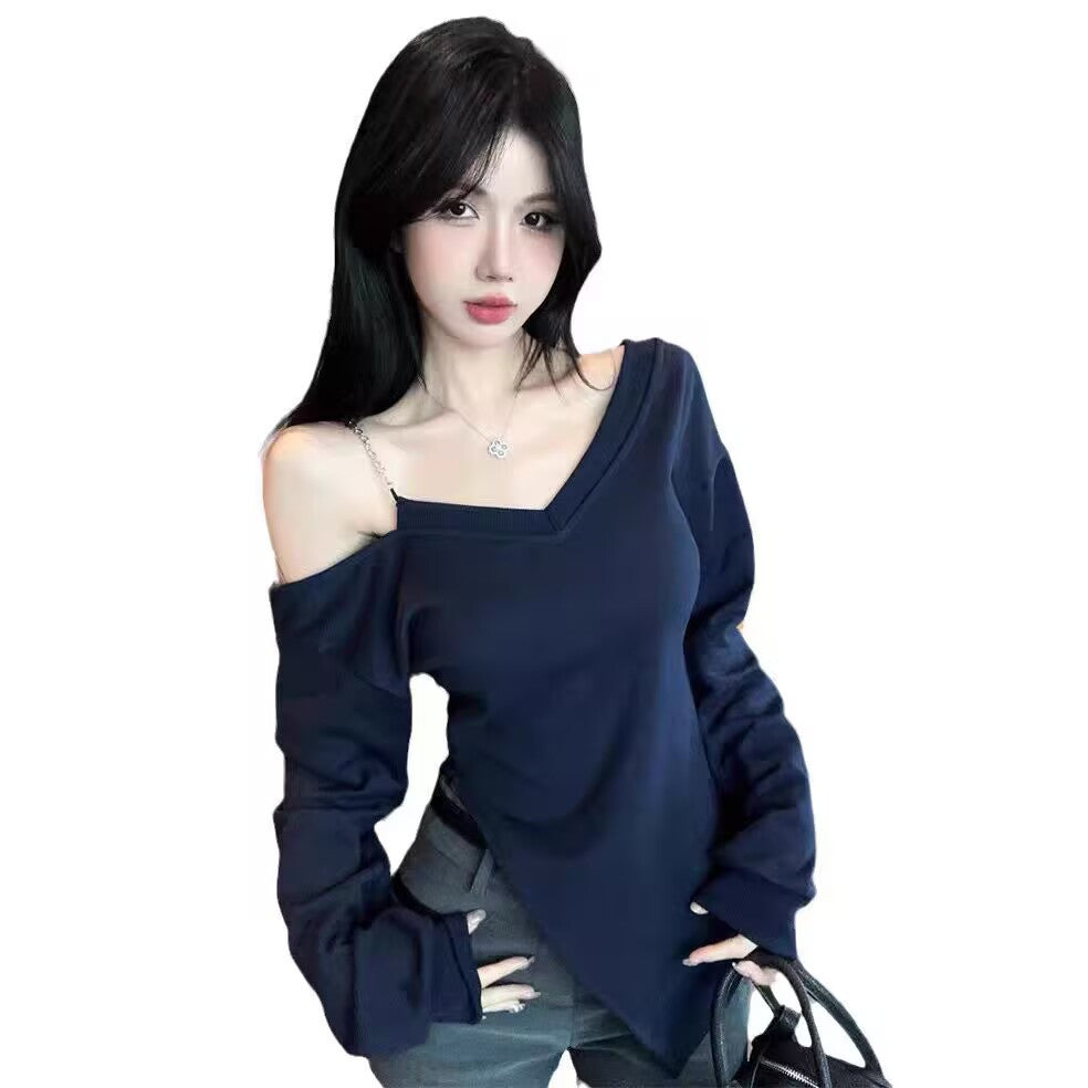Womens Off-Shoulder Chain Long Sleeve Sweatshirt