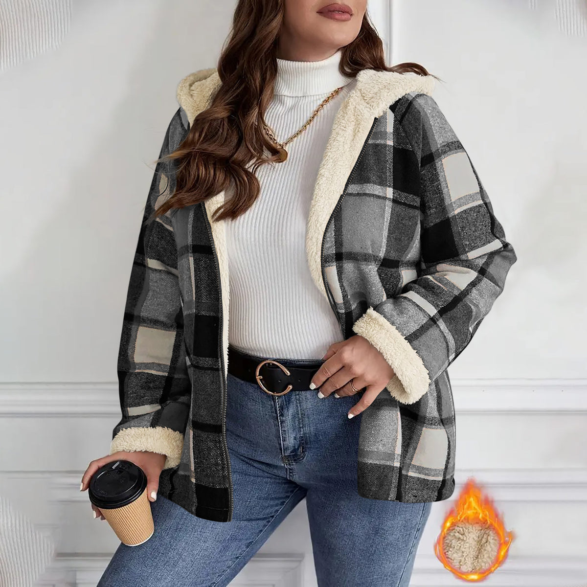 Checkered Patchwork Fleece-Lined Hooded Sweatshirt Jacket