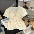 Summer Puff Sleeve Lace Trim Blouse