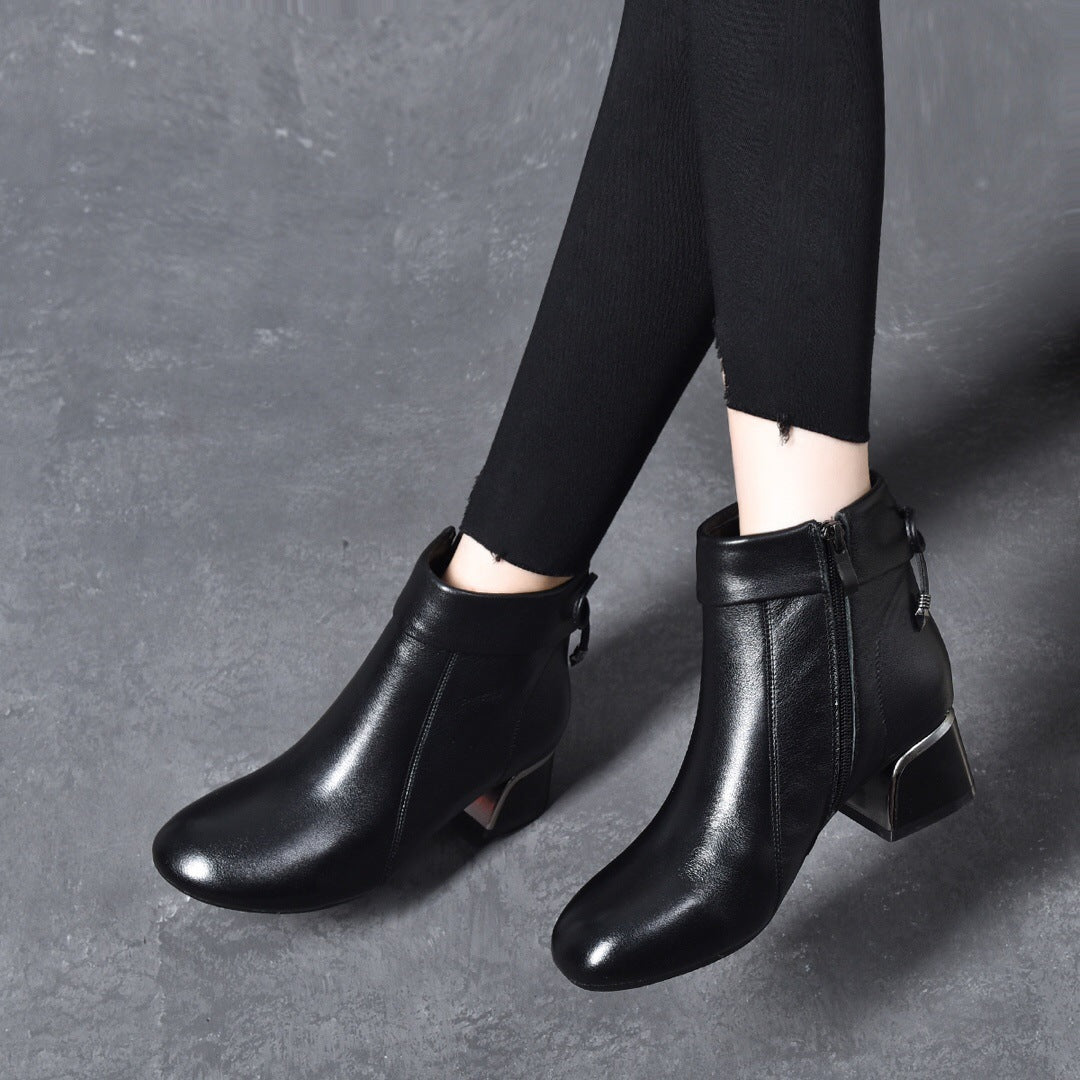 Women's Genuine Leather Chunky Heel Mid Boots
