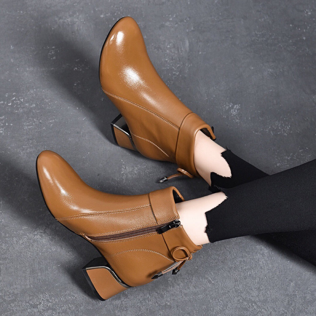 Women's Genuine Leather Chunky Heel Mid Boots