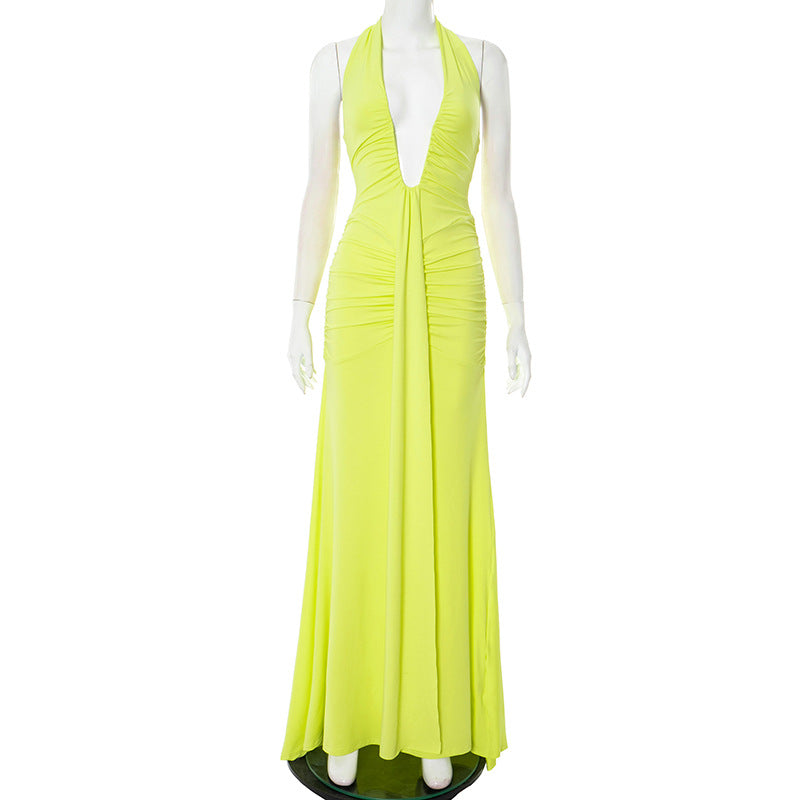 Elegant Halter Neck Backless Pleated Dress