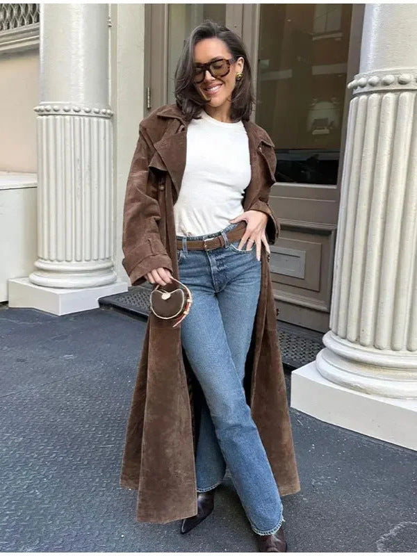 Retro Loose Long-Sleeved Belt Double-Breasted Windbreaker Jacket