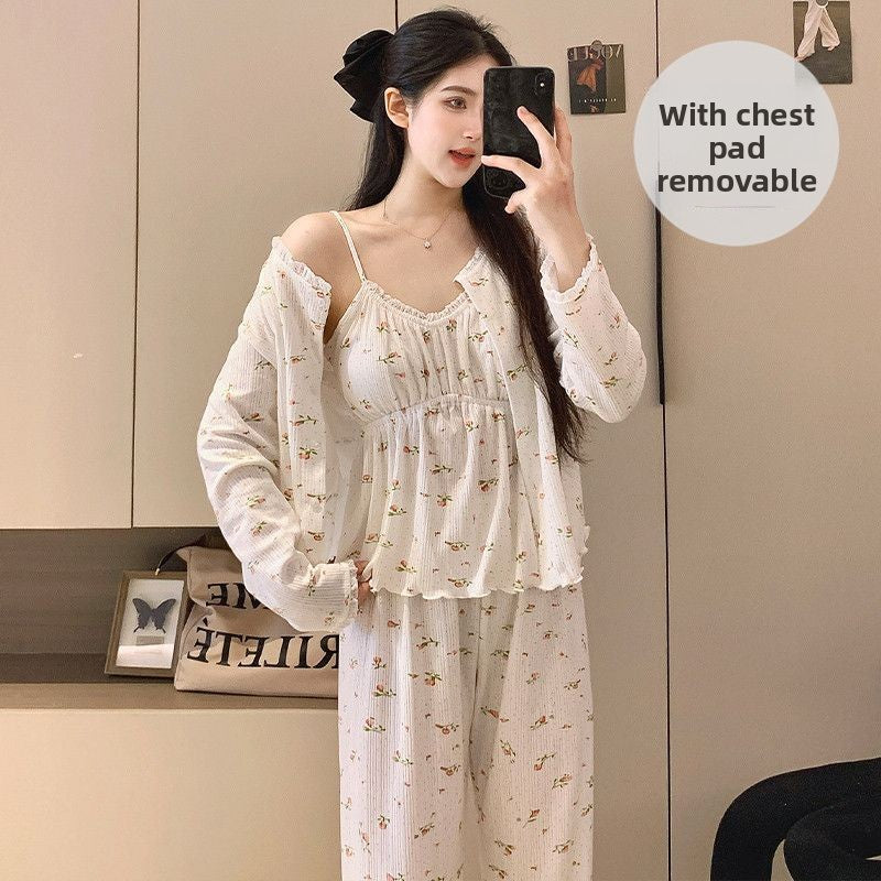 Sling Nightgown with Chest Pad Thin Three-piece Set