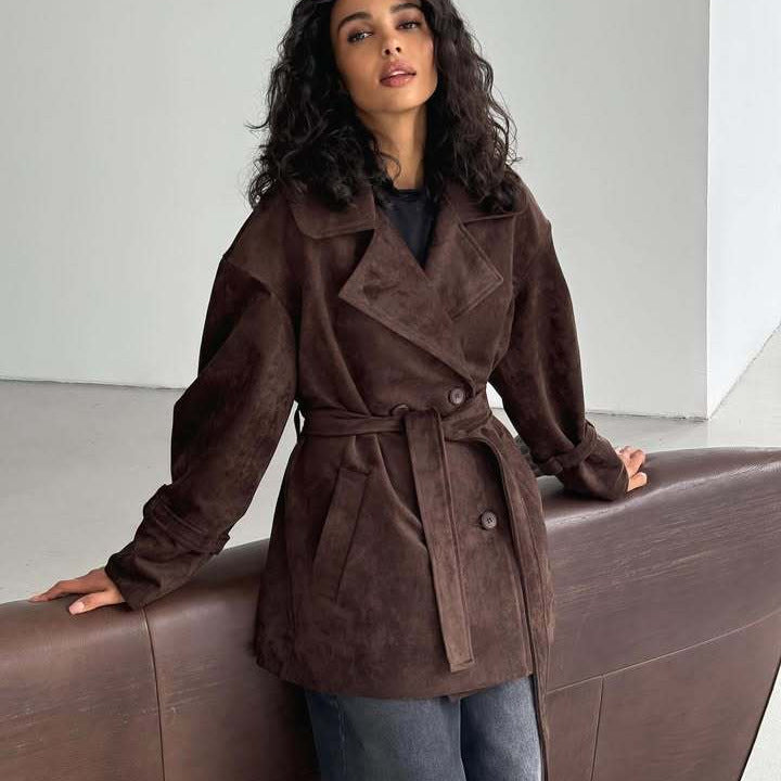 Womens Suede Effect Belted Jacket