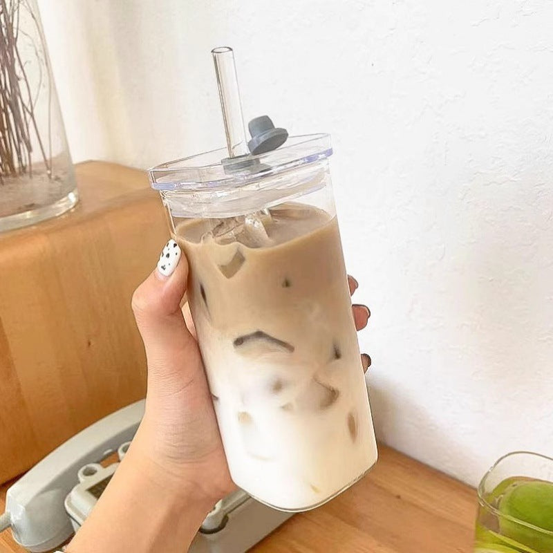Square Glass Cup with Lid and Straw
