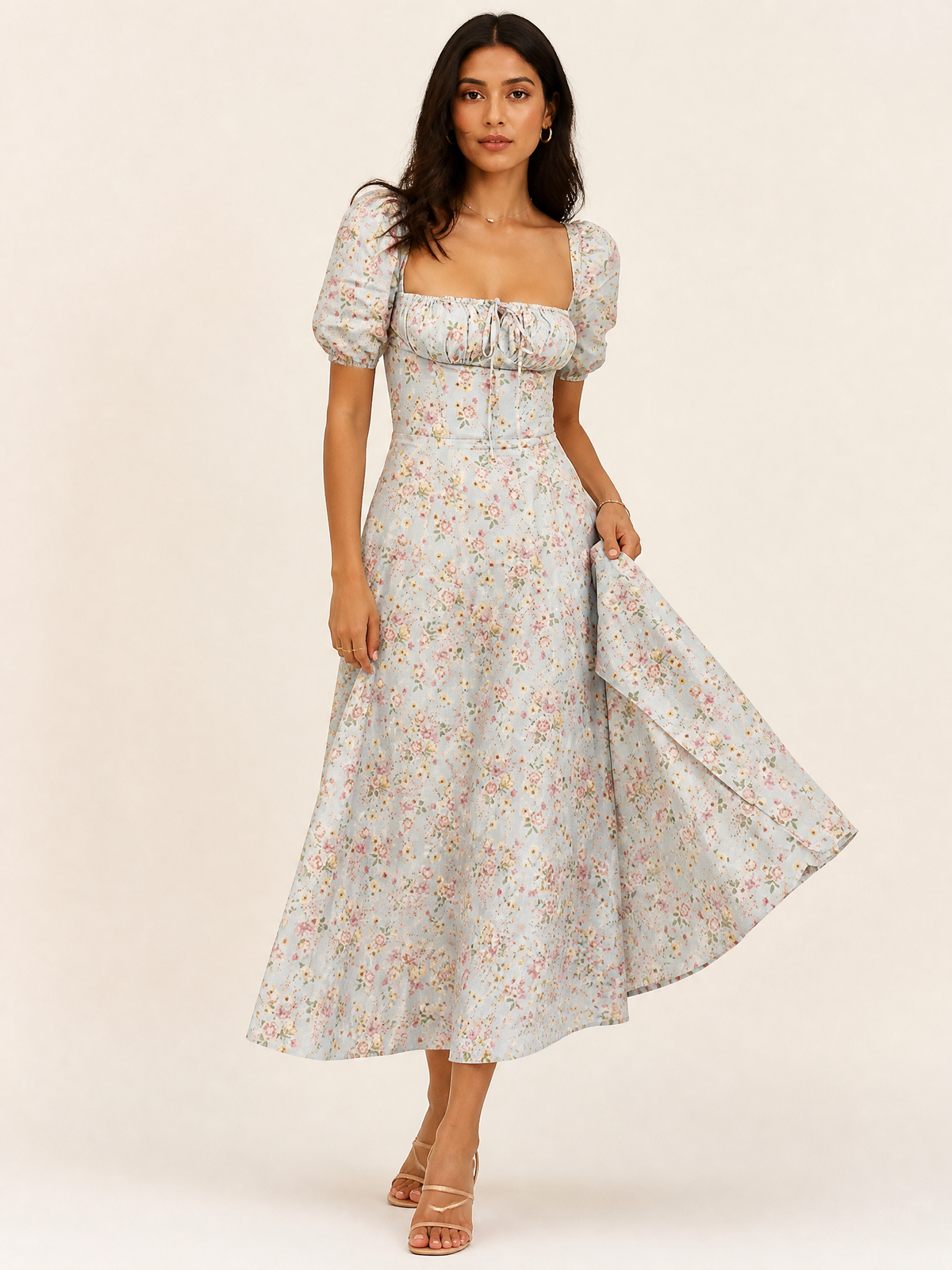 Floral Print Midi Dress with Side Slit and Adjustable Straps
