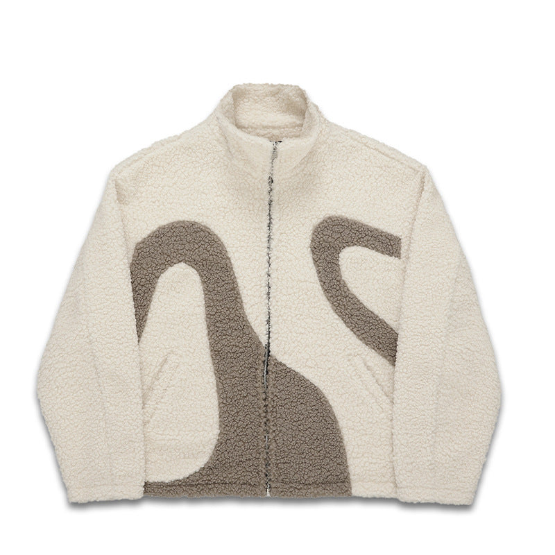 Contrast Color Lapel Coral Fleece Sweatshirt