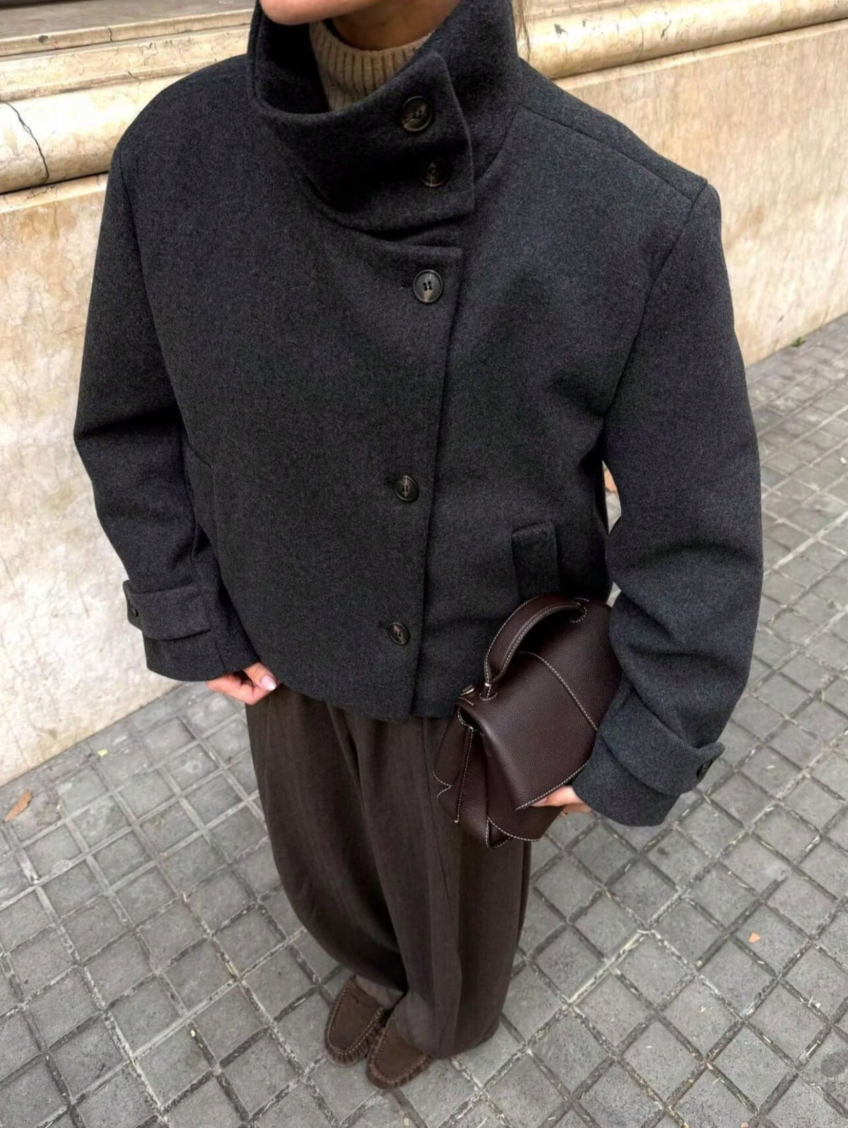 Womens Retro Stand Collar Jacket Solid Color Coat