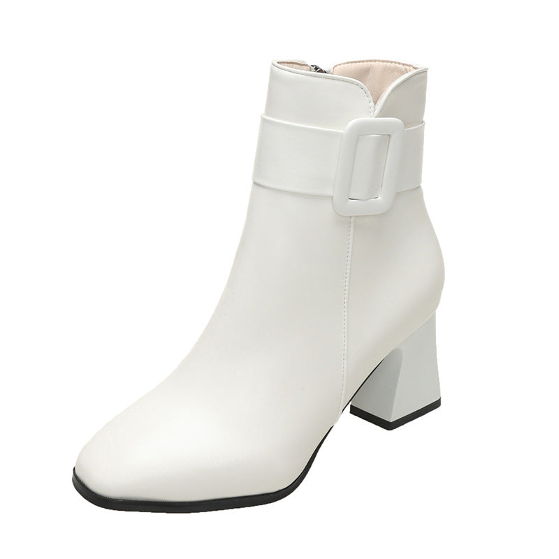 Womens PU Square Heel Ankle Boots with Side Zipper