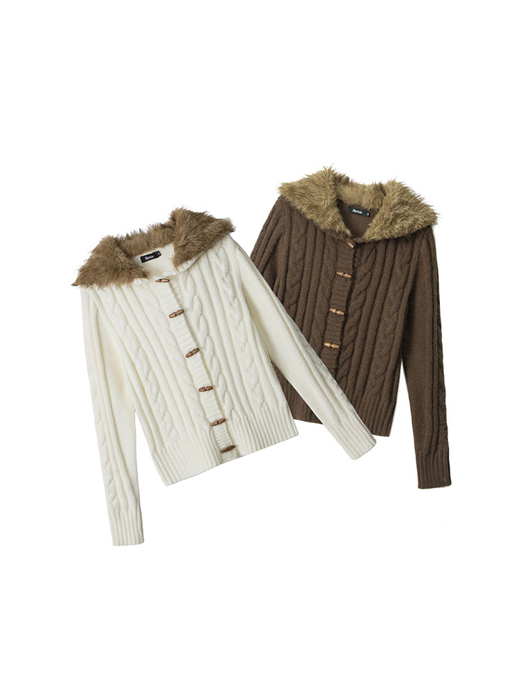 Womens Hooded Cardigan with Fur Collar