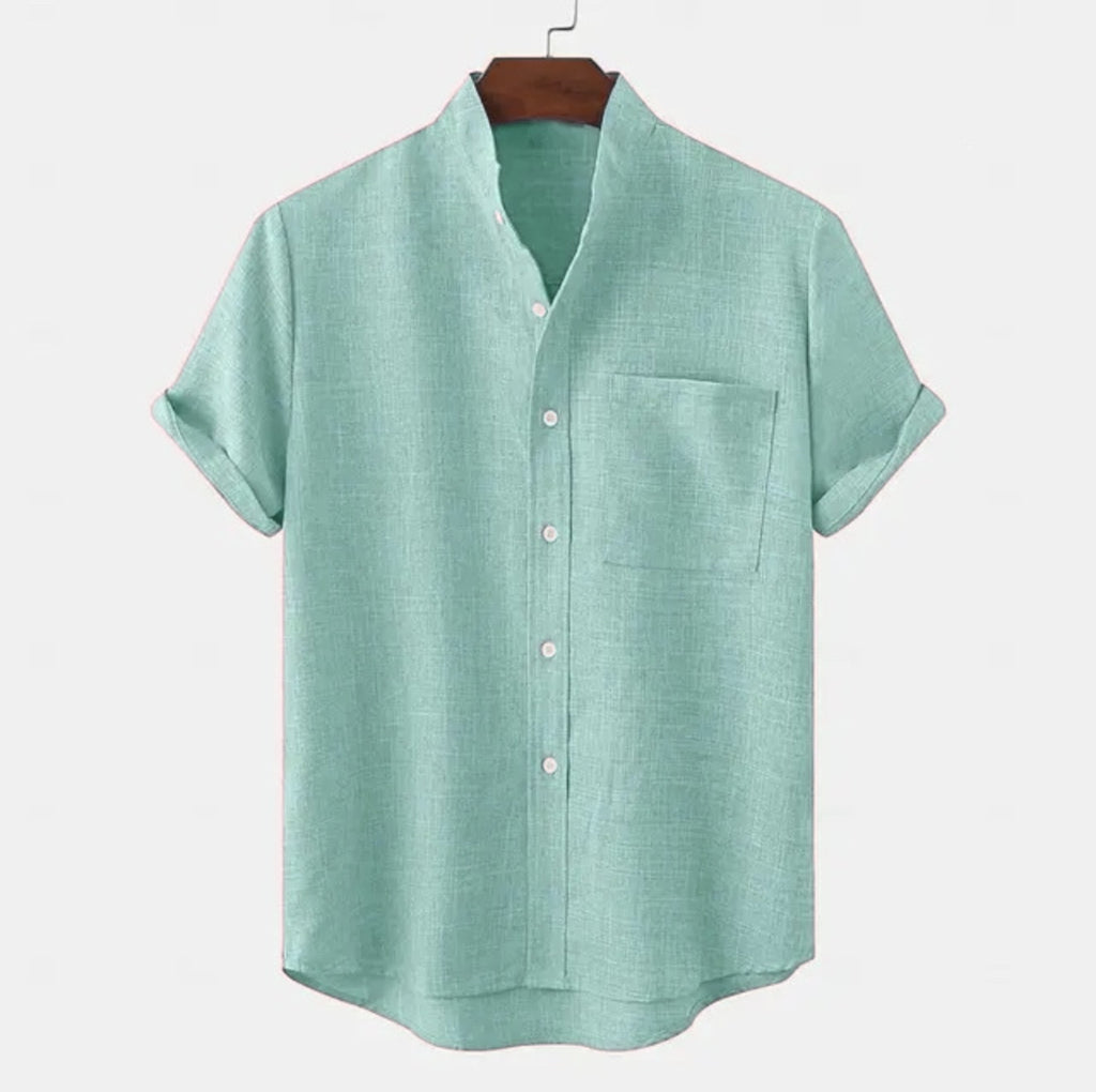 Mens Solid Color Linen Button Down Short Sleeve Shirt