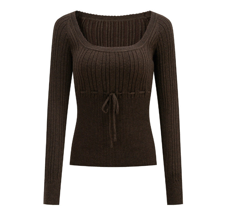 U-Neck Tie-Up Textured Knit Sweater