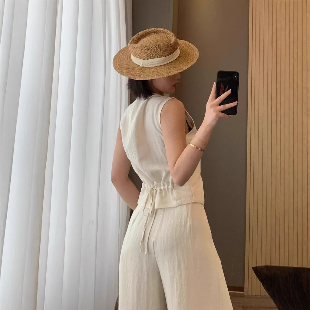 Tencel Linen Sleeveless Vest Wide-Leg Pants Set