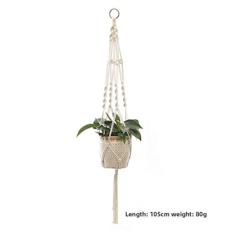 Handwoven Cotton Hanging Plant Basket with Decorative Accents