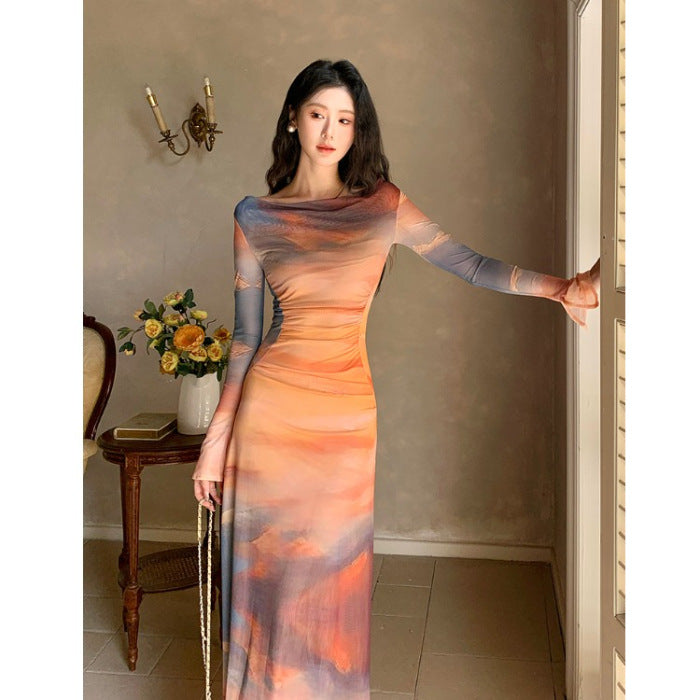 French Style Tie-Dye Printed Mesh Dress