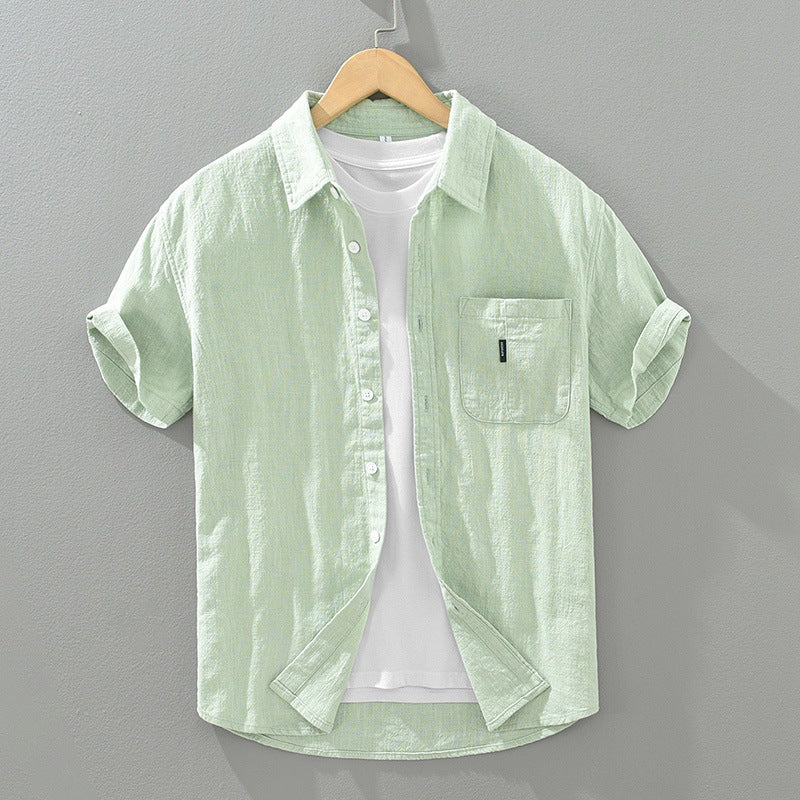 Men's Casual Ramie Blend Button-Up Shirt with Embroidery