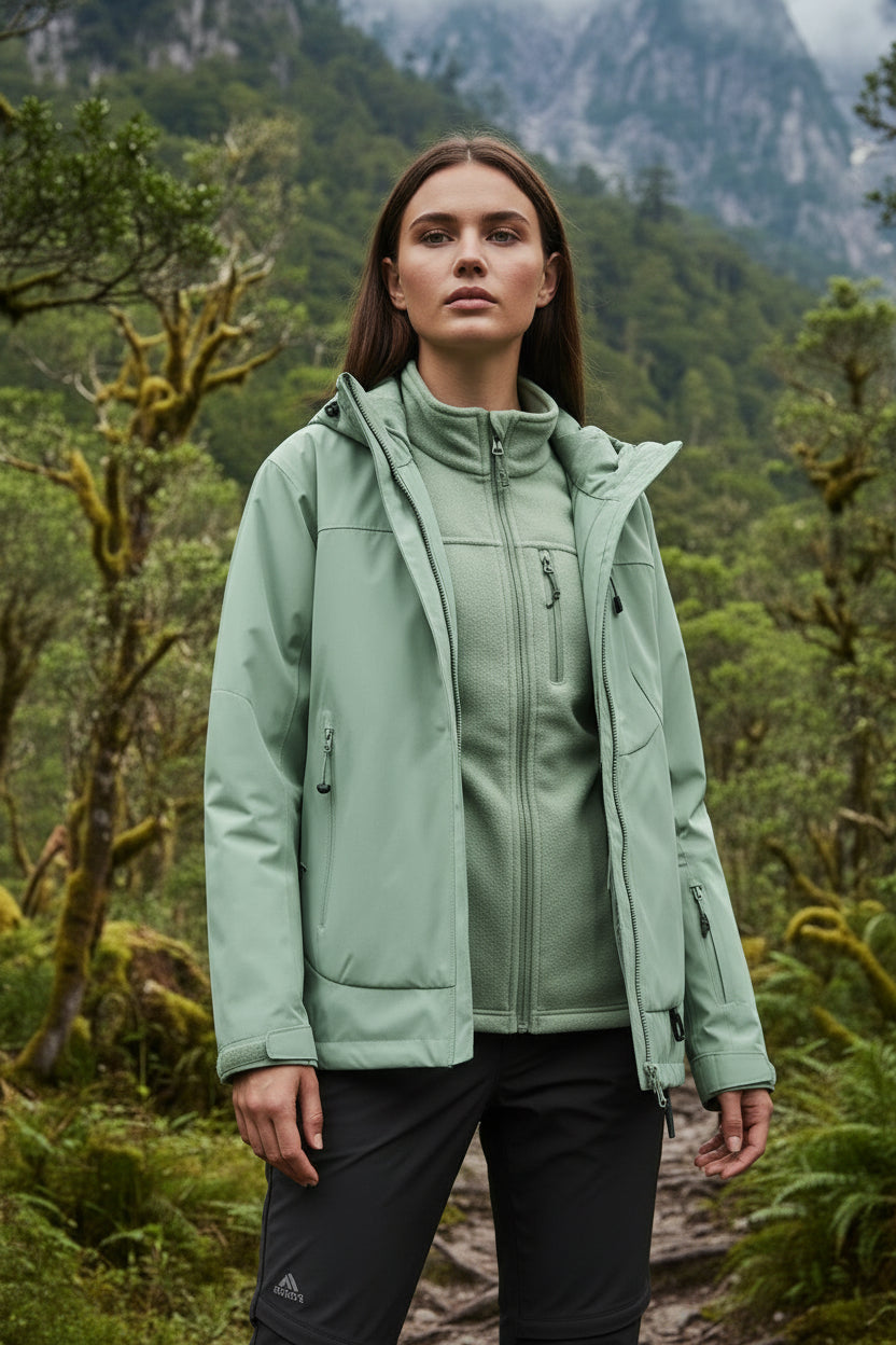 A light sage green hooded jacket with a full zip front, chest pocket, and zippered side pockets, displayed against a clean white background.