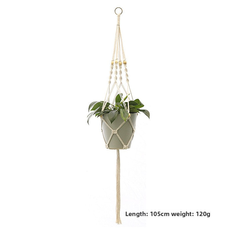 Handwoven Cotton Hanging Plant Basket with Decorative Accents