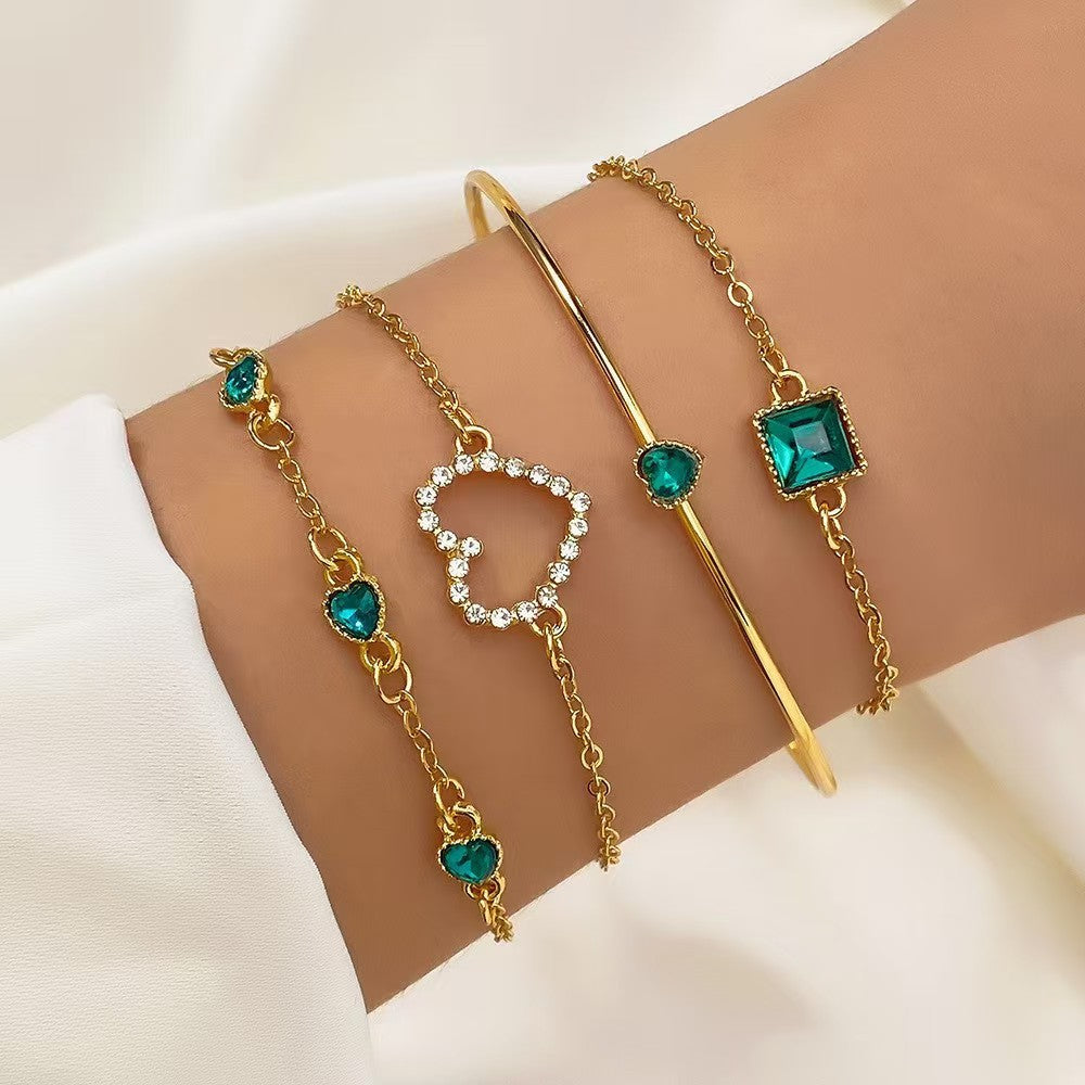 Green Emerald Diamond Elastic Bracelet Set for Women 4-Piece Snake Design Metal Bracelet