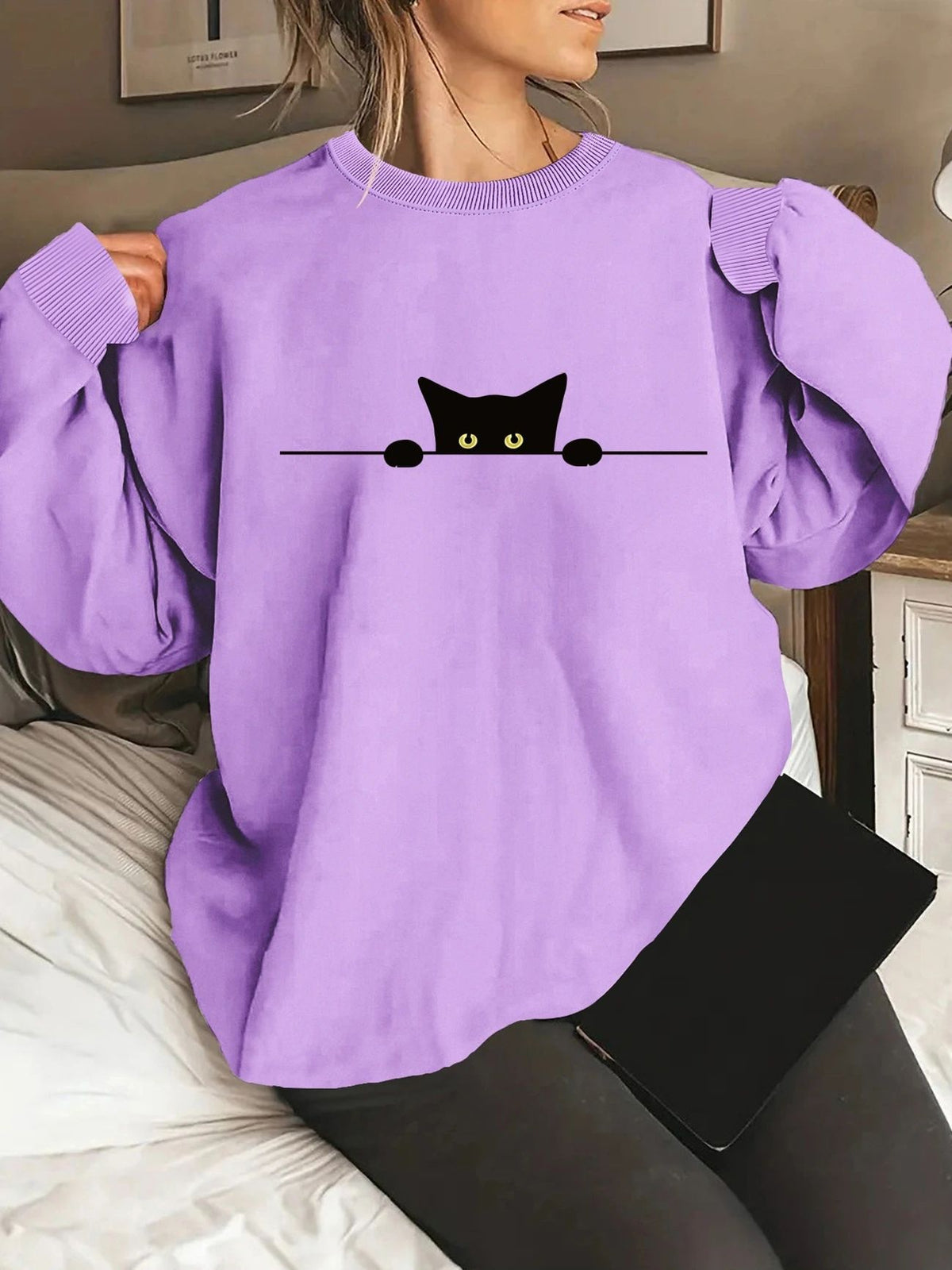 Cat Print Round Neck Sweatshirt