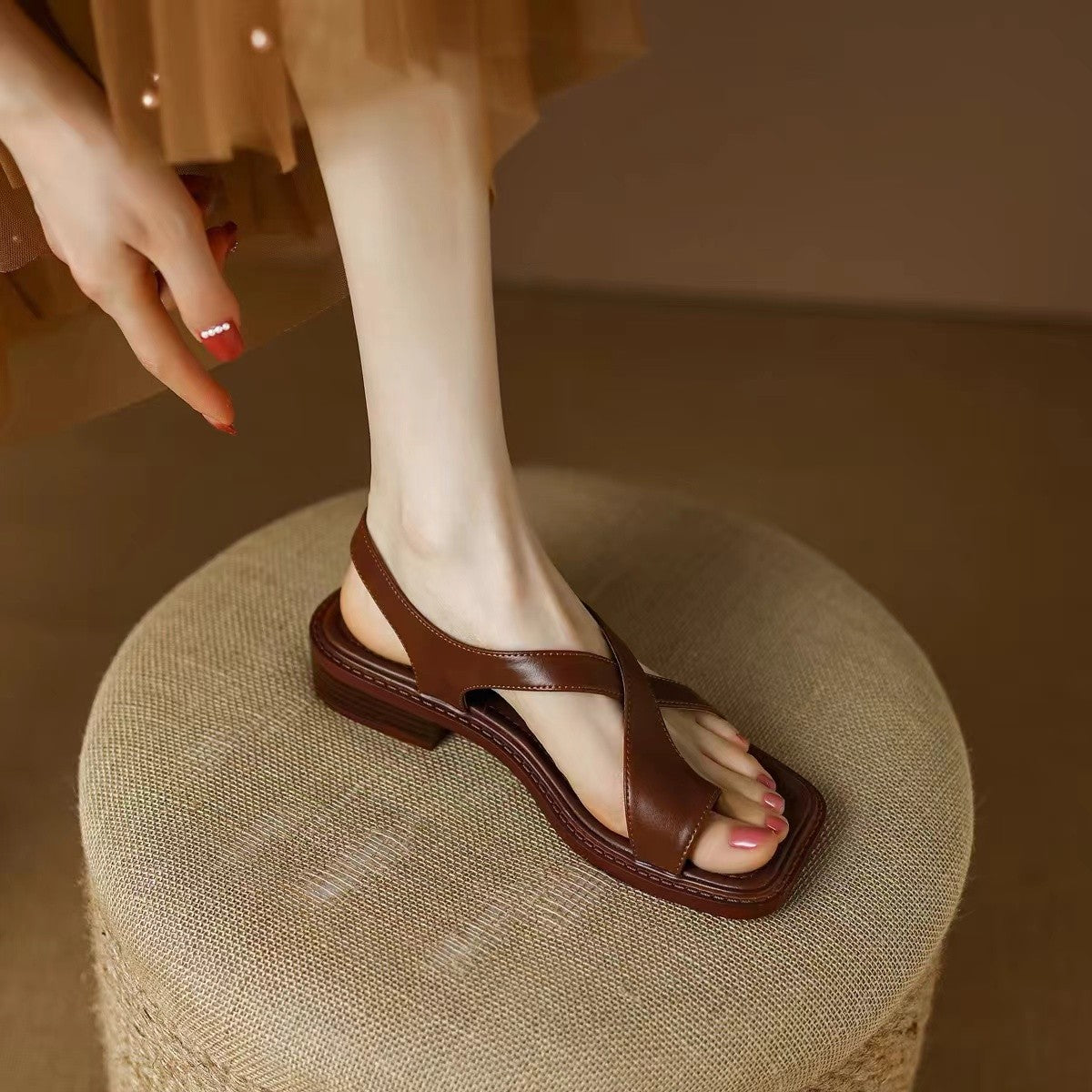 French Retro Thong Sandals Women Flat Square Toe