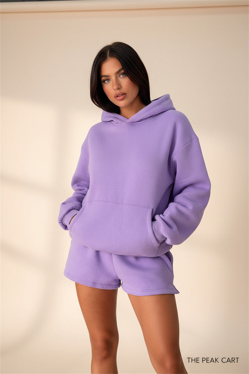 Solid-color hoodie and short-pant set