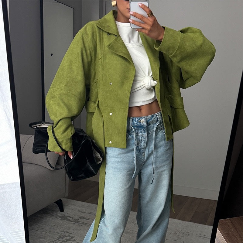 Women's Faux Suede Motorcycle Jacket with Lapel Collar