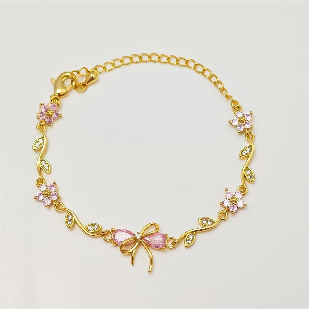 Cute Bow Heart Zircon Gold Plated Bracelet