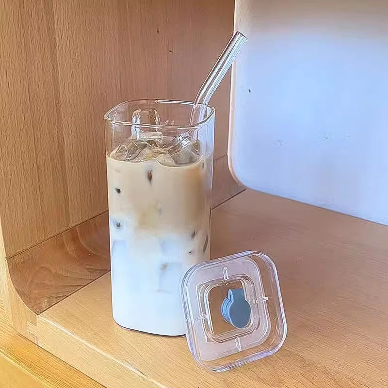 Square Glass Cup with Lid and Straw