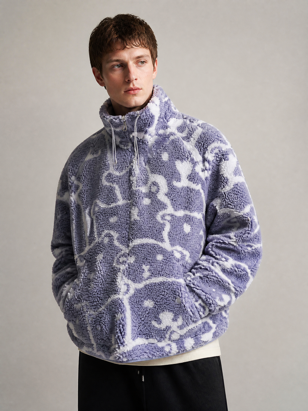 Graphic Sherpa Fleece Jacket, Oversized Stand Collar Outerwear