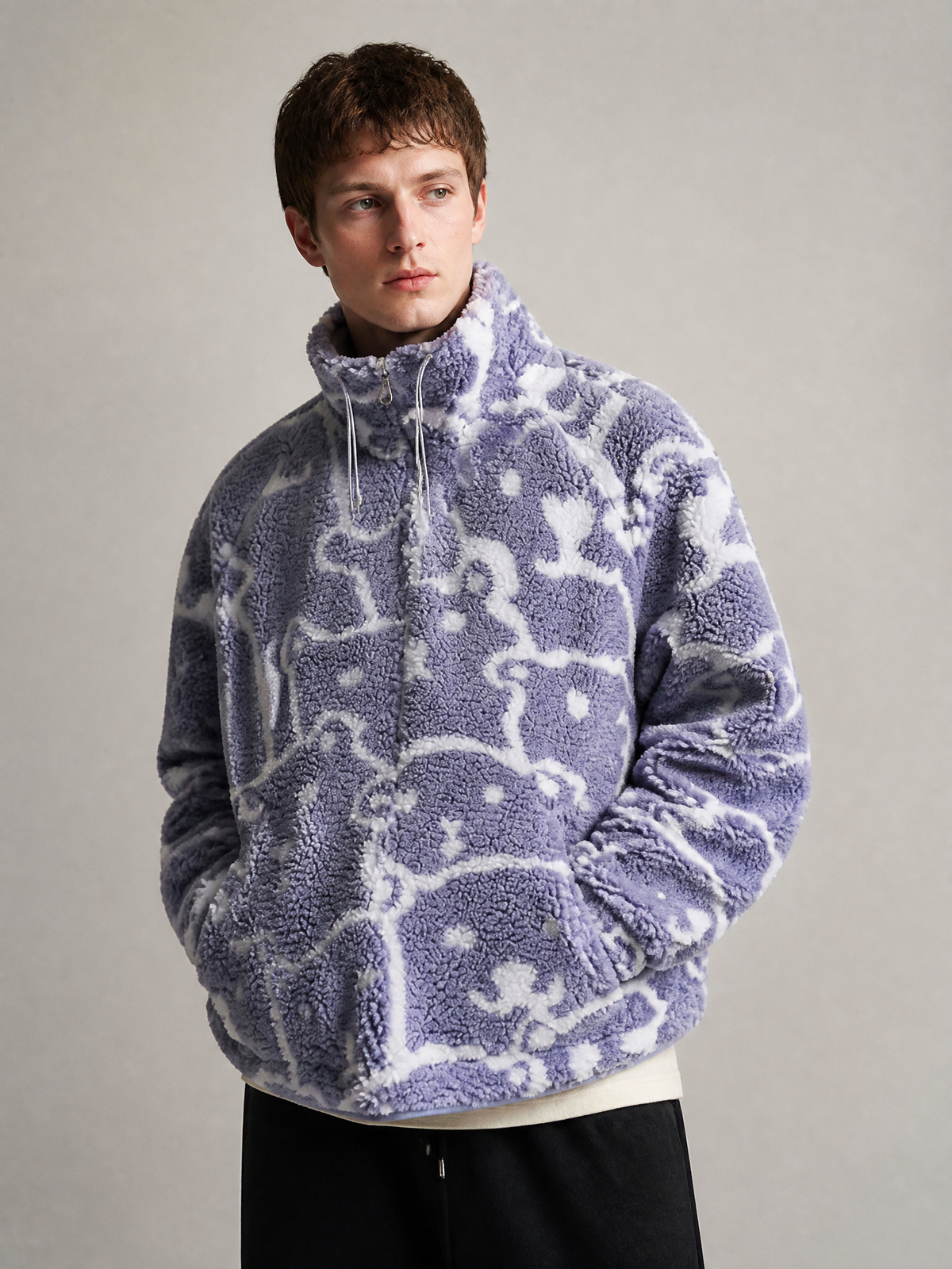 Graphic Sherpa Fleece Jacket, Oversized Stand Collar Outerwear