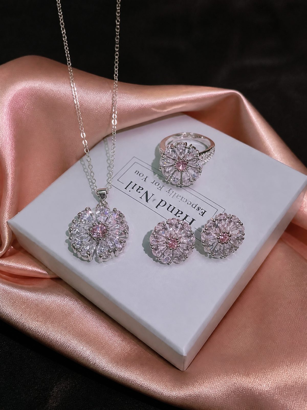 Sakura Bloom Jewelry Set: Zircon Crystal Floral Necklace and Earrings