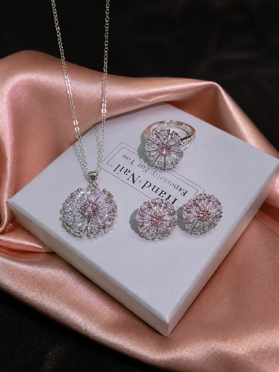 Sakura Bloom Jewelry Set: Zircon Crystal Floral Necklace and Earrings