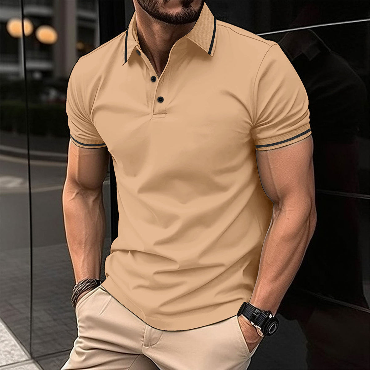 men's button rib collar sports polo shirt