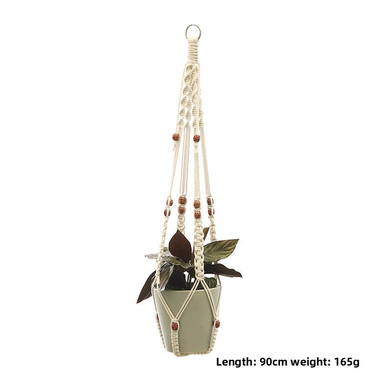 Handwoven Cotton Hanging Plant Basket with Decorative Accents