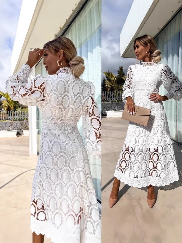 Lace Collar Puff Sleeve Slimming Long Dress