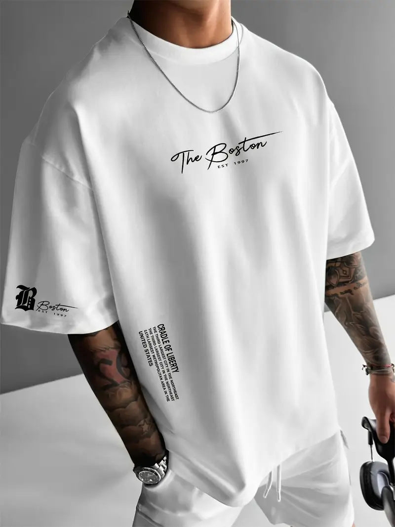 Mens Round Neck Letter Print T-shirt
