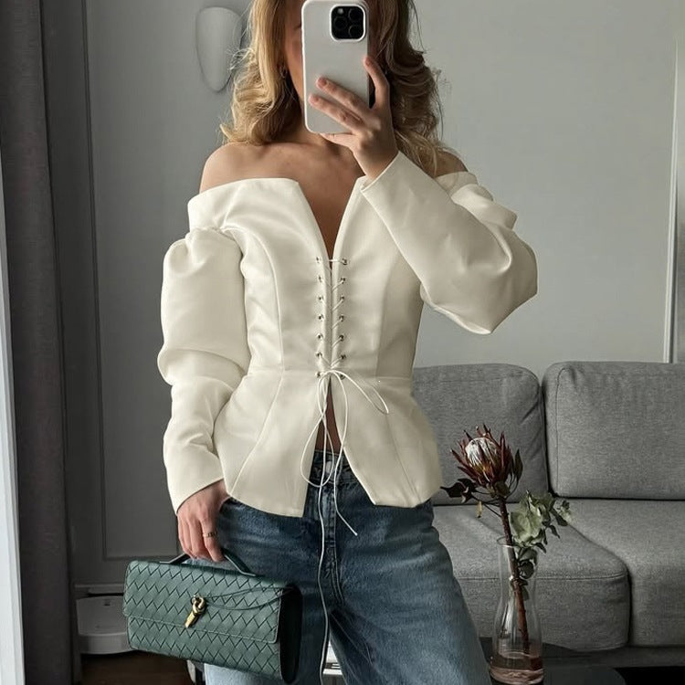 Women Sexy One Shoulder Lace Up Cardigan Top