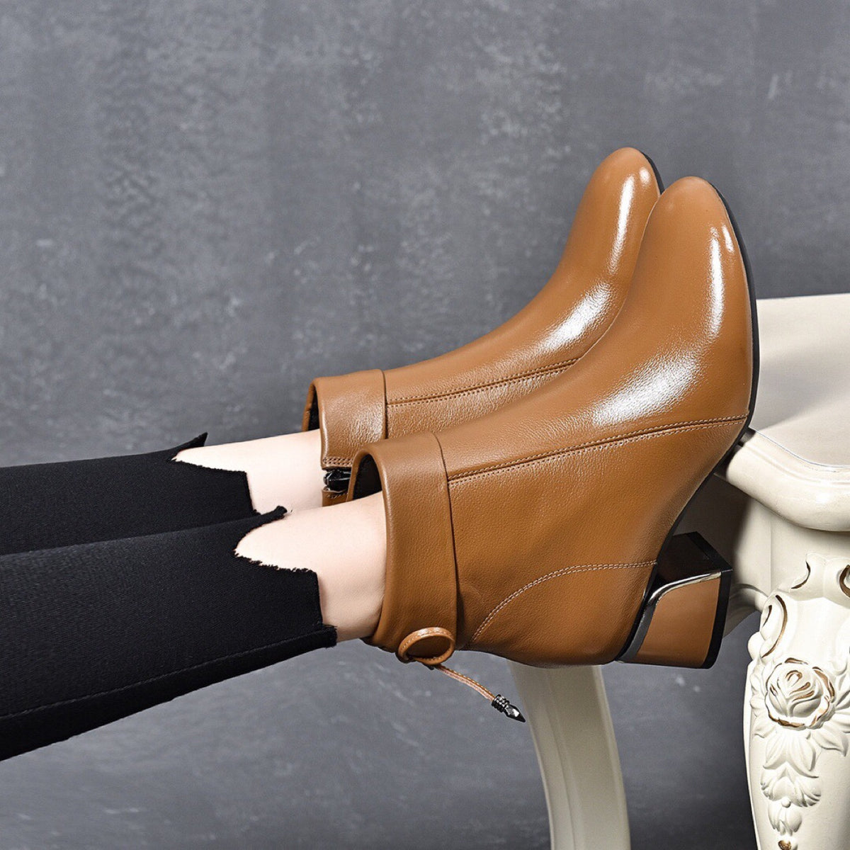 Women's Genuine Leather Chunky Heel Mid Boots