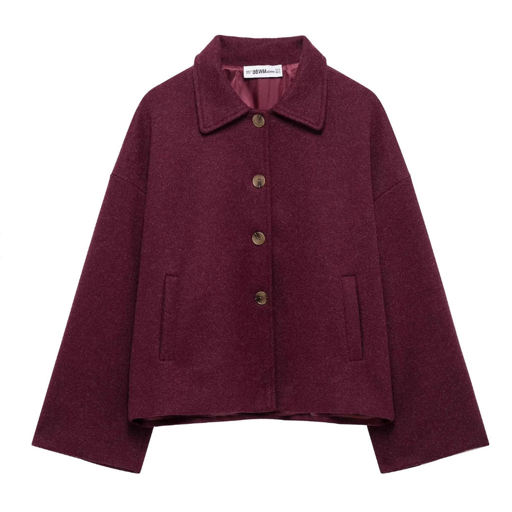 Lapel-button loose woolen coat